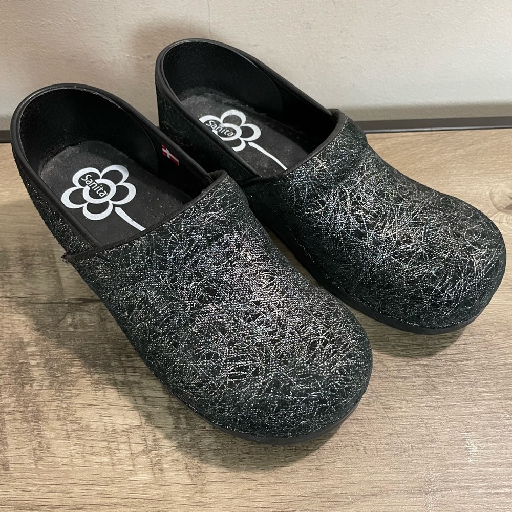 Women's SANITA Original DANISH TINSEL Black LEATHER Professional CLOGS Shoes 40